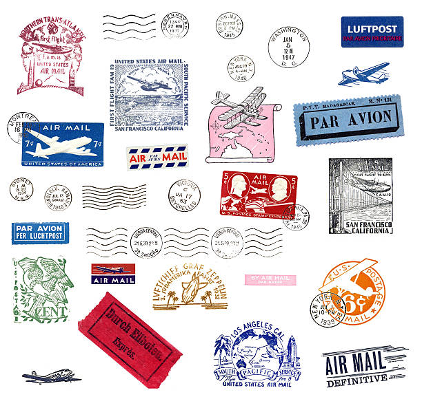 vintage-etiketten und briefmarken airmail - air mail envelope letter mail stock-fotos und bilder