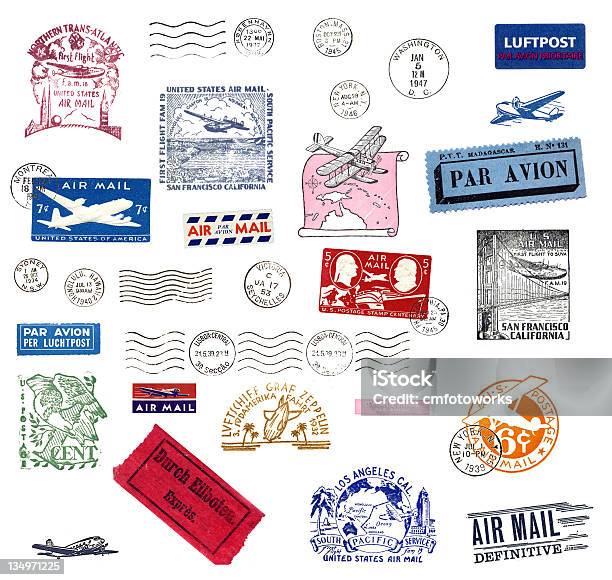 Airmail Vintage Etykiety I Znaczki - zdjęcia stockowe i więcej obrazów Pieczęć gumowa - Pieczęć gumowa, Znaczek pocztowy, Poczta