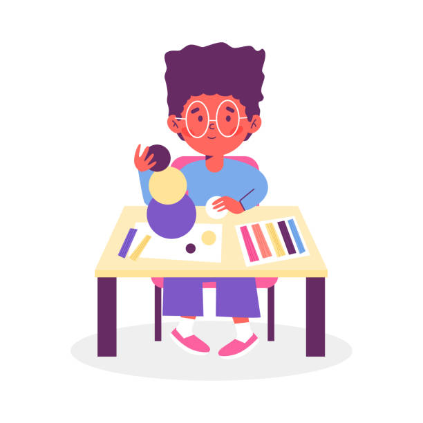 Child engaged with handicraft creative hobby, flat vector illustration isolated. Child boy engaged with handicraft creative hobby, flat cartoon vector illustration isolated on white background. Kids extracurricular activity and craft lessons. craft activities for preschoolers stock illustrations