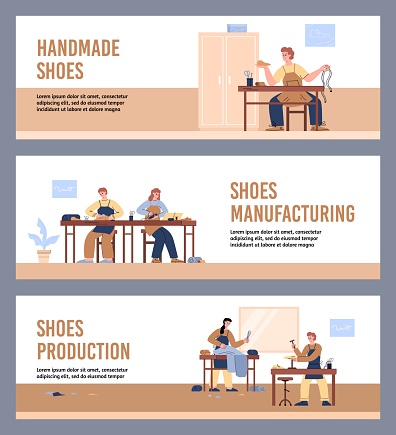 Footwear manufacturing banner layout with people making handmade shoes, flat vector illustration. Set of posters with cobbler or shoemaker at factory sewing, measuring or cutting fabric or leather.