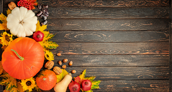 Thanksgiving day composition on dark wooden background. Copy space