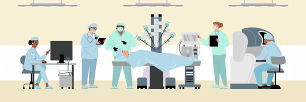 illustrazioni stock, clip art, cartoni animati e icone di tendenza di personale medico che esegue operazioni con l'aiuto di apparecchiature robotiche, vettore piatto. - chirurgia robotica
