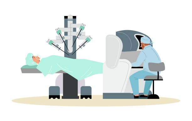illustrazioni stock, clip art, cartoni animati e icone di tendenza di chirurgia robotica e tecnologia nanomedicina illustrazione vettoriale piatta isolata. - chirurgia robotica