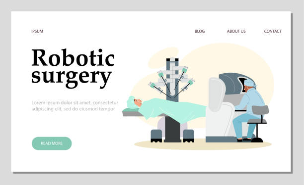 ilustrações de stock, clip art, desenhos animados e ícones de robotic surgery banner with surgeon performing operation, vector illustration. - robotic surgery