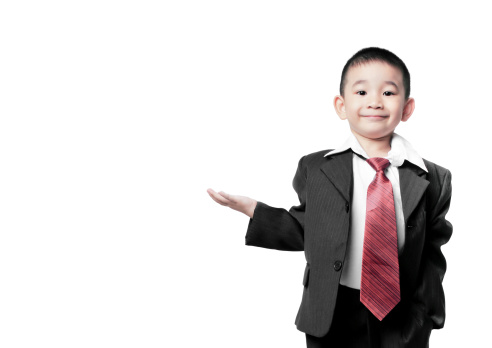 happy smile little business boy isolated on white background