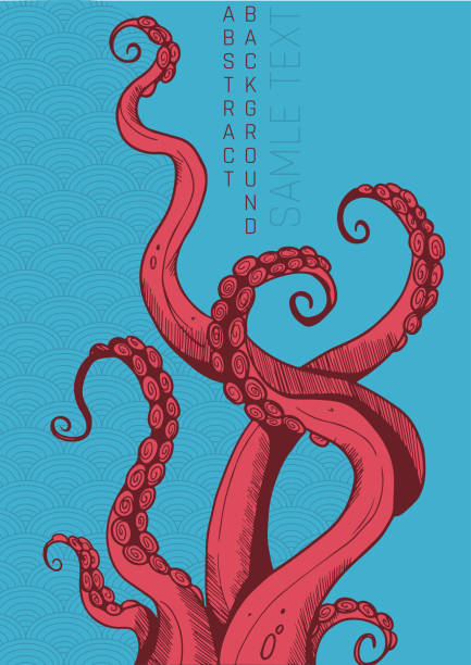 illustration with tentacles, graphic style colored bright illustration with tentacles, graphic style. red and blue colours and simple wave pattern background studio water stock illustrations