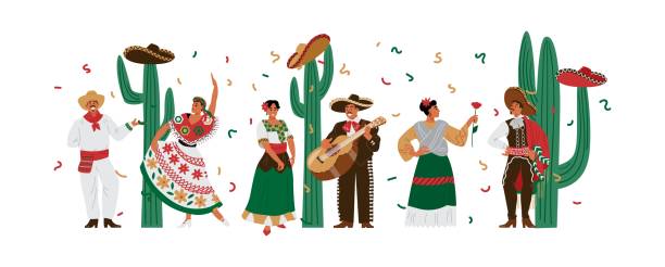 Mexican male and female characters in colorful traditional national clothing. Mexican people in colorful traditional national clothing. Men musician play guitar and dance with women near cactuses on national holiday cinco de mayo. Vector flat illustrations mexico people stock illustrations