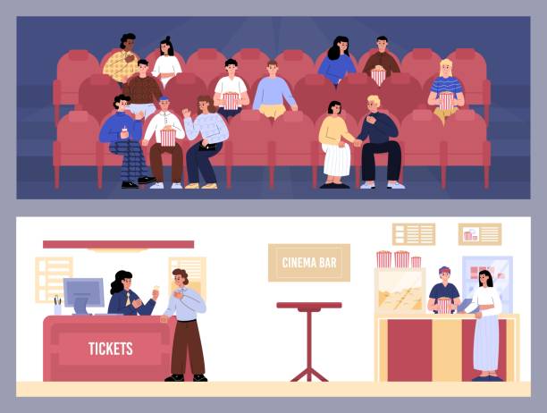 Happy People In Cinema Theatre. Couple Buying Tickets And Popcorn, And Sitting On Their Red Seats To Watch A Movie. Happy People In Cinema Theatre Watching Movie. Couple and Friends Buying Tickets And Popcorn, And Sitting On Their Red Seats To Watch A Movie. Cartoon Vector Concept. stage theater illustrations stock illustrations