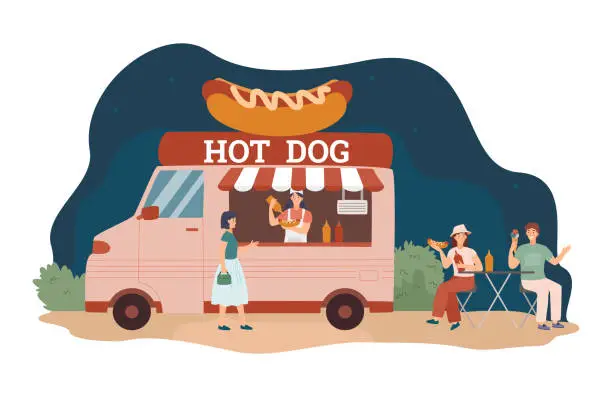 Vector illustration of People eat hot dog at food truck diner, flat vector illustration isolated on white background.