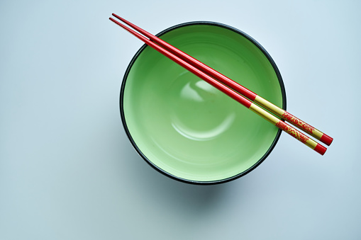 empty bowl with chopsticks on white background
