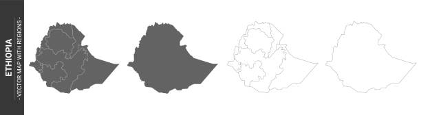 白い背景に隔離された地域を持つエチオピアの4つの政治地図のセット - silhouette ethiopia map cartography点のイラスト素材／クリップアート素材／マンガ素材／アイコン素材
