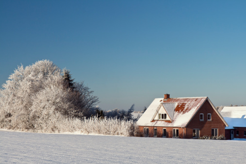 Farmhouse and frosty trees against a blue sky