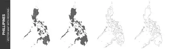 Vector illustration of set of 4 political maps of Phillipines with regions isolated on white background