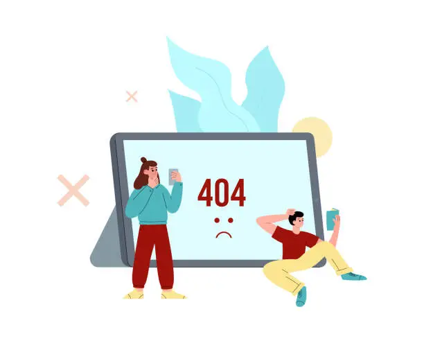 Vector illustration of 404 error of OS banner with people near tablet, vector illustration isolated.