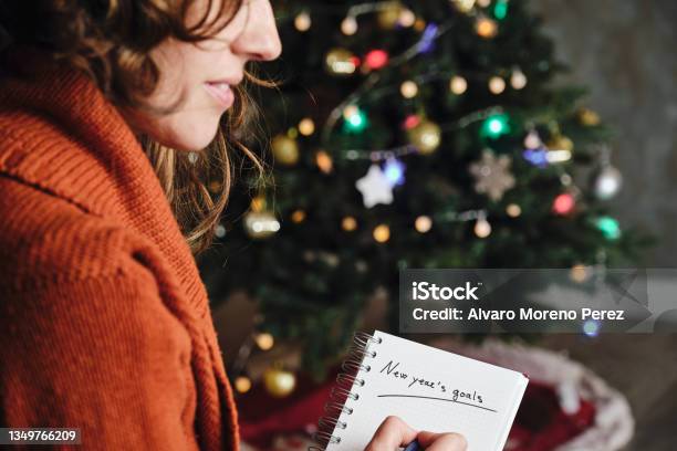 Caucasian Woman Smiling With Orange Sweater In Profile With New Years Goals Notebook In Hand With Unfocused Christmas Tree In The Background Stock Photo - Download Image Now