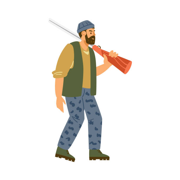 postać męska myśliwego lub kłusownika z płaską ilustracją wektorową karabinu izolowaną. - hunting rifle sniper duck hunting stock illustrations