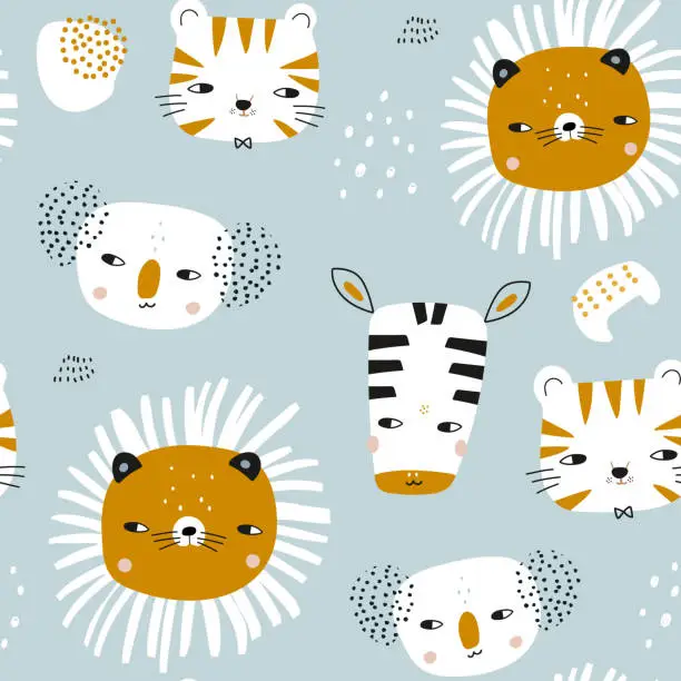 Vector illustration of Seamless childish pattern with cute animals. Modern cartoon koala, tiger, lion, zebra texture for fabric, textile, wallpaper. Vector illustration