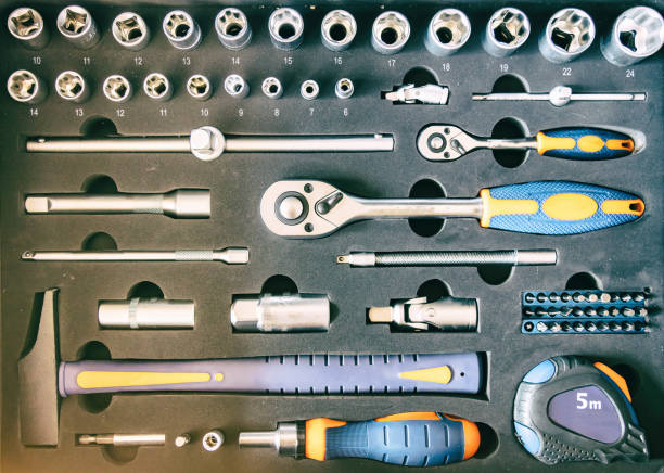 도구. diy, 유지 보수 서비스는 개념을 작동합니다. 홈 수리 도구 설정 배경, 상단 보기, - hardware store work tool carpentry home improvement 뉴스 사진 이미지