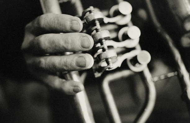 le mani del bassista tubista. - brass instrument retro revival old fashioned part of foto e immagini stock