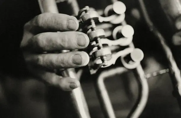 Tuba, Player, vintage, dark, art, jazz, trumpet player, hand, close-up, black and white,