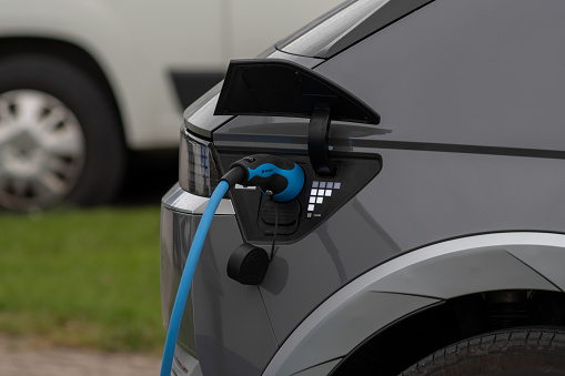 Laagri, Estonia - September 23 2021: Charging socket of Hyundai Ioniq 5 2021 electric car. Electric car on charging spot.