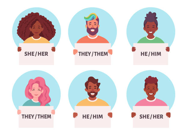 People holding sign with gender pronouns. She, he, they, non-binary. Gender-neutral movement. Vector illustration People holding sign with gender pronouns. She, he, they, non-binary. Gender-neutral movement. breaking glass ceiling stock illustrations