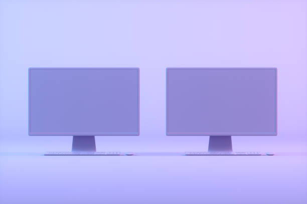 3D render, empty computer screen monitor on lilac background, minimal technology concept. Advertisement messages.