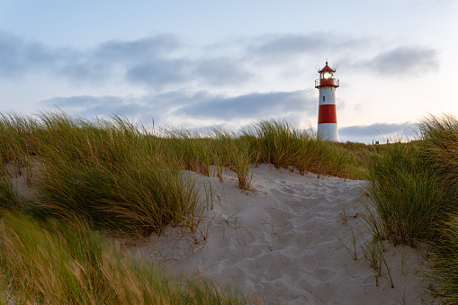 Beautiful Lighthouse List-Ost in sunset light - on the island Sylt, Germany