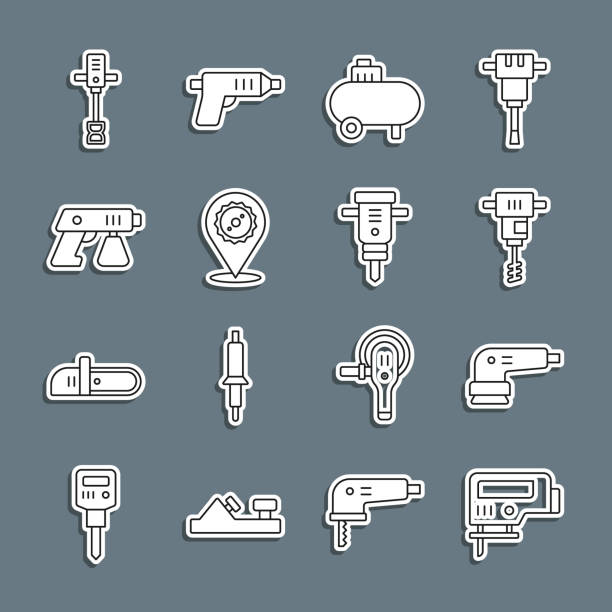 ilustrações de stock, clip art, desenhos animados e ícones de set line electric jigsaw, sander, electrical hand concrete mixer, air compressor, circular blade, paint spray gun, and construction jackhammer icon. vector - fuel and power generation air vehicle repairing airplane