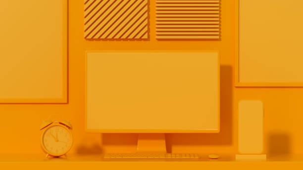 istock Empty computer screen monitor, smart phone and frame on orange background, minimal concept 1349779281