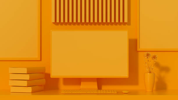istock Empty computer screen monitor and frame on orange background, minimal concept 1349779919