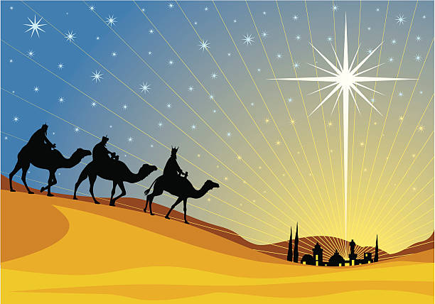 Vector image of the three Magi and the Star of Bethlehem Classic three magic scene and shining star of Bethlehem. bethlehem star stock illustrations