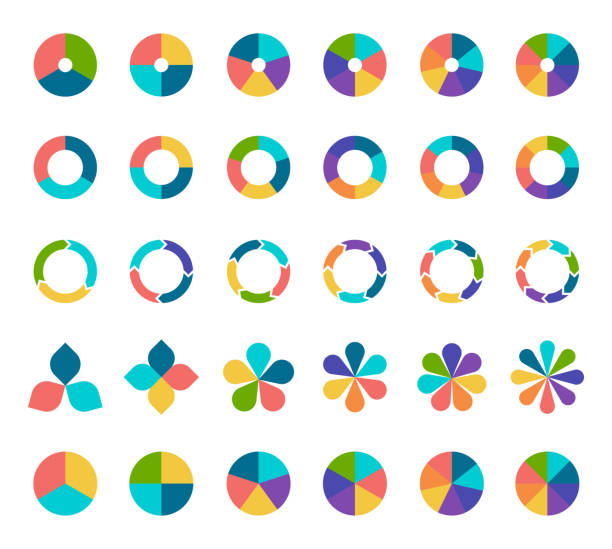 3,4,5,6 및 7,8 개의 섹션 또는 단계를 갖춘 다채로운 원형 차트 컬렉션. - 단면도 stock illustrations