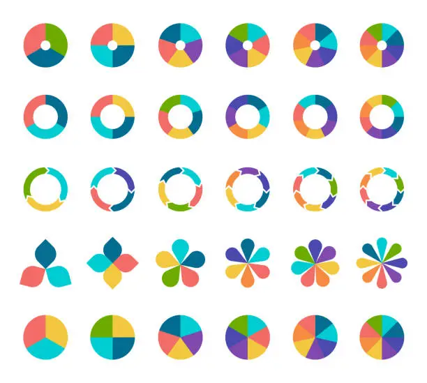 Vector illustration of Colorful pie chart collection with 3,4,5,6 and 7,8 sections or steps.