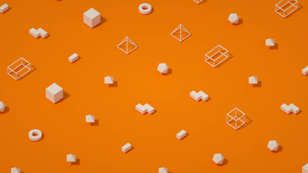 istock Abstract 3d render primitives geometric shapes isometric orange background 1349785622