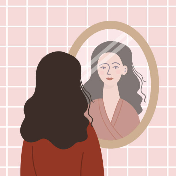 Woman looking at herself in the mirror. Woman looking at herself in the mirror. vanity mirror stock illustrations