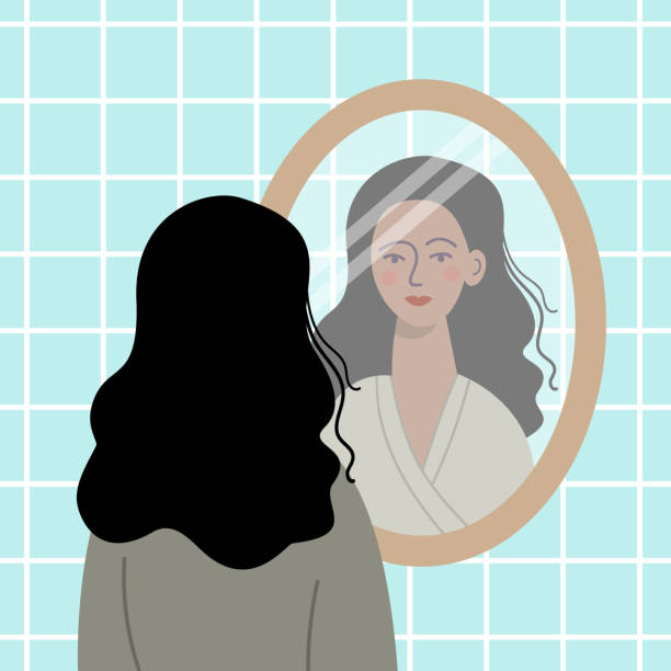 ilustrações de stock, clip art, desenhos animados e ícones de black haired woman looking at herself in the mirror. - mirror vanity women looking
