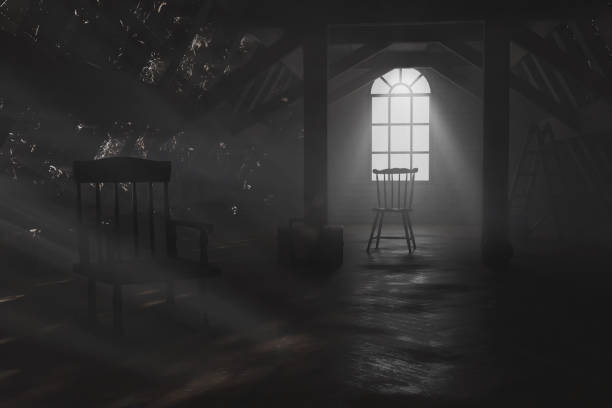 istock 3d rendering of darken empty attic with light rays through holes in the roof 1349789780