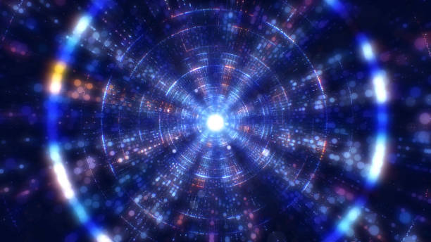 Modern particle abstract square tunnel, flying through glowing zoom in squares creating a tunnel, modern colorful lighting