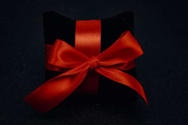 istock A black small velor gift pillow with a red ribbon tied in a bow 1349793099