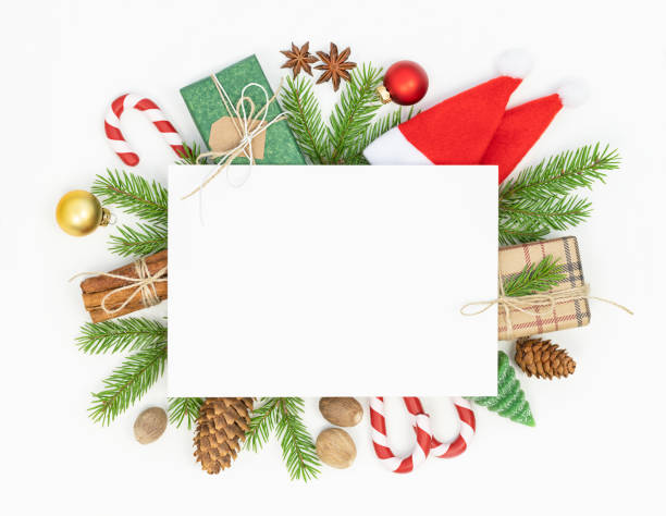 Christmas background Christmas background with Christmas decoration and sheet of paper in the middle christmas card photos stock pictures, royalty-free photos & images