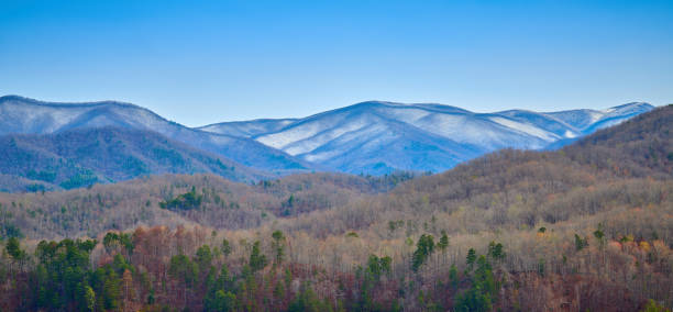 горы с легким снежным покровом. - great smoky mountains national park стоковые фото и изображения