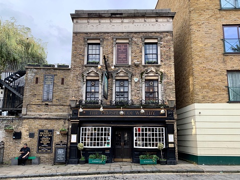 LONDON, ENGLAND. The Prospect of Whitby pub in Wapping. It’s London's the oldest riverside pub. Horizontal. Selective focus