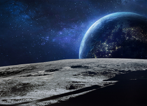 Moon surface and blue Earth planet at night in deep space. Artemis program. Apollo program. Cities lights. Elements of this image furnished by NASA (url: https://www.hq.nasa.gov/alsj/a16/a16pan1240222dmh.jpg https://eoimages.gsfc.nasa.gov/images/imagerecords/79000/79765/dnb_land_ocean_ice.2012.3600x1800.jpg)