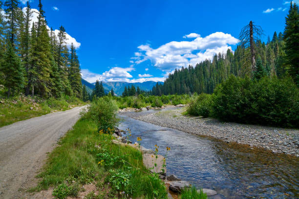 Gravel Road with Stream and Mountains.