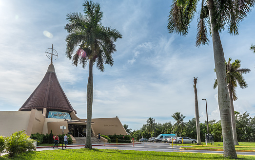 Miami, Florida, United States - October 28, 2021: Hot morning at the famous Ermita de la Caridad del Cobre (Our Lady of Charity) in Miami. With more than 50 years of presence in South Florida, the Sanctuary stands as a spiritual and evangelizing center where all forms of religiosity, devotion and traditions of Hispanics in the United States are found.