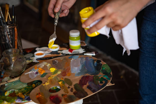istock Hobby drawing oil paints. Workplace of artist studio 1349806708