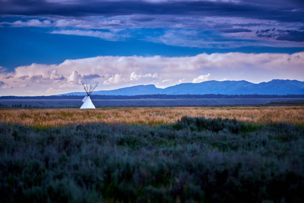 Tepee in open field with mountains in the background.