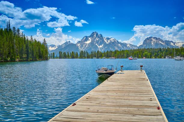 molo per motoscafi sul lago jackson a coulter bay. - patrick quay foto e immagini stock