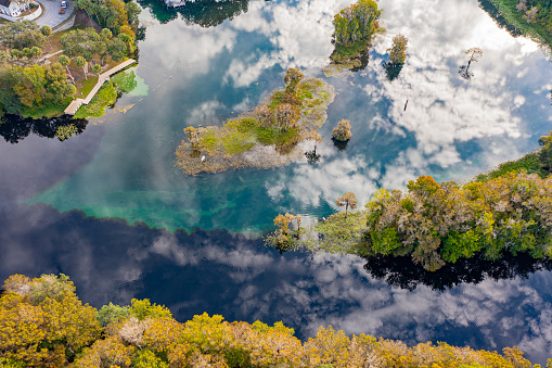 Aerial drone view of Withlacoochee River at the confluence of Rainbow River in Dunnellon, Florida.